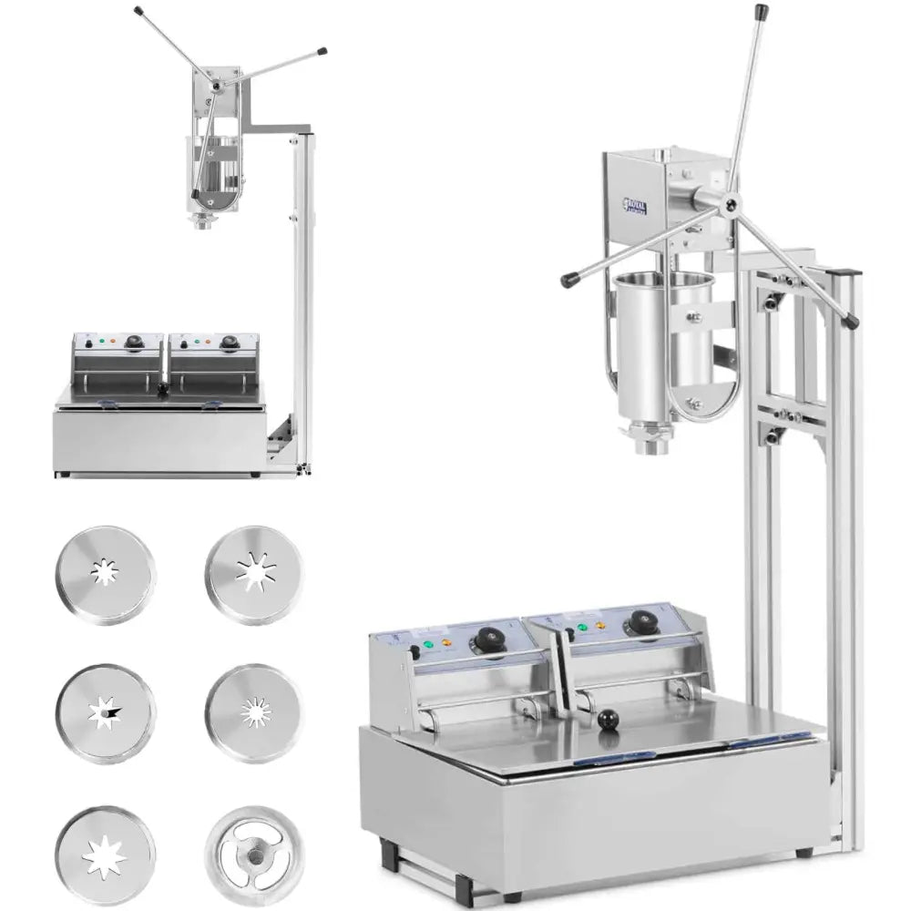 Maskin for dosering og steking av churros, rustfritt stål, store håndtak og seks ulike metallskiver.