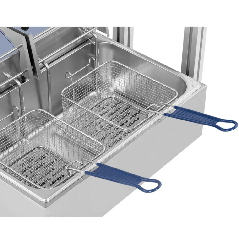 Maskin for dosering og steking av churros, to stålkurver med blå håndtak i firkantet beholder, skrå vinkel.