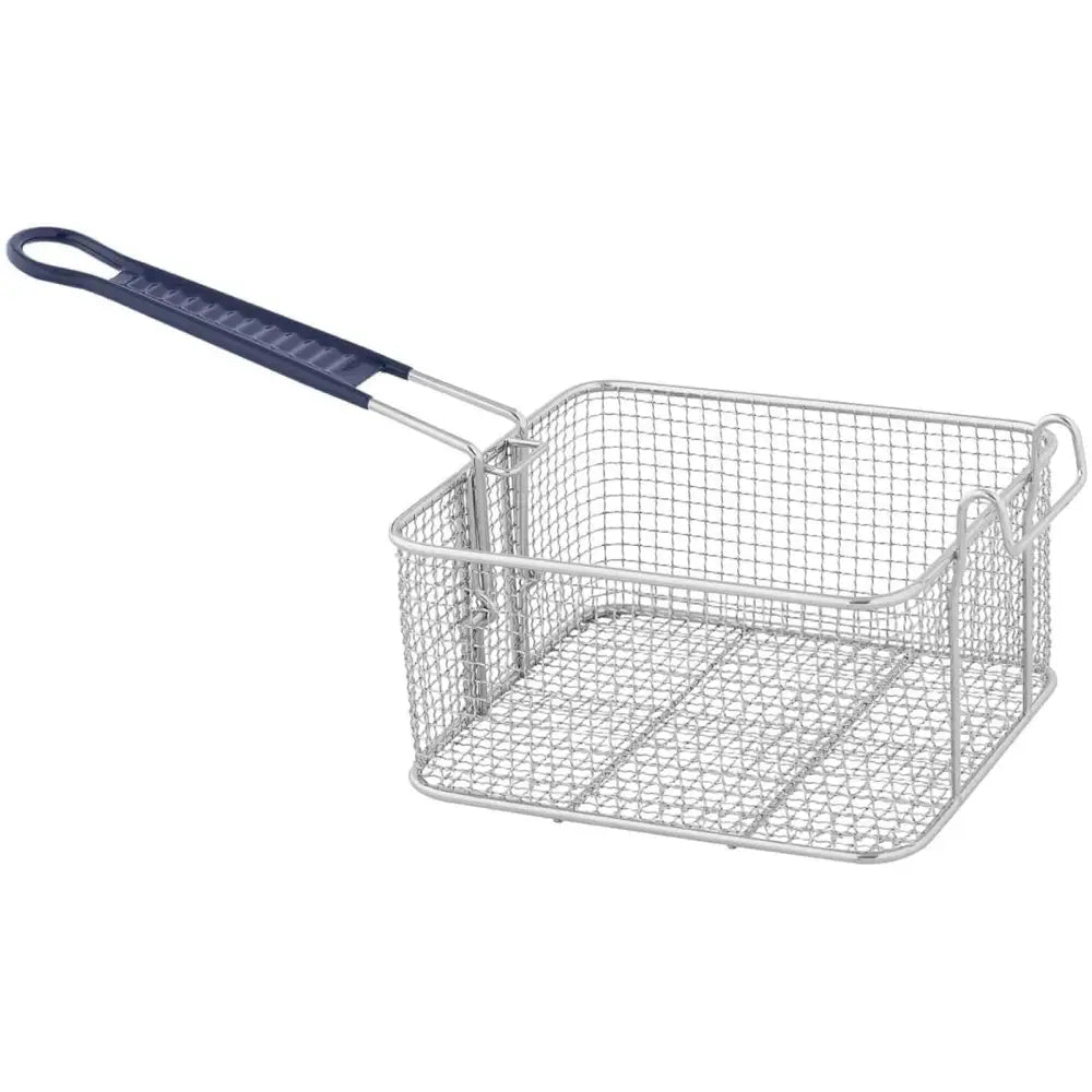 Metallkurv med nettingmønster og mørkeblått håndtak, designet for dosering og steking av churros.