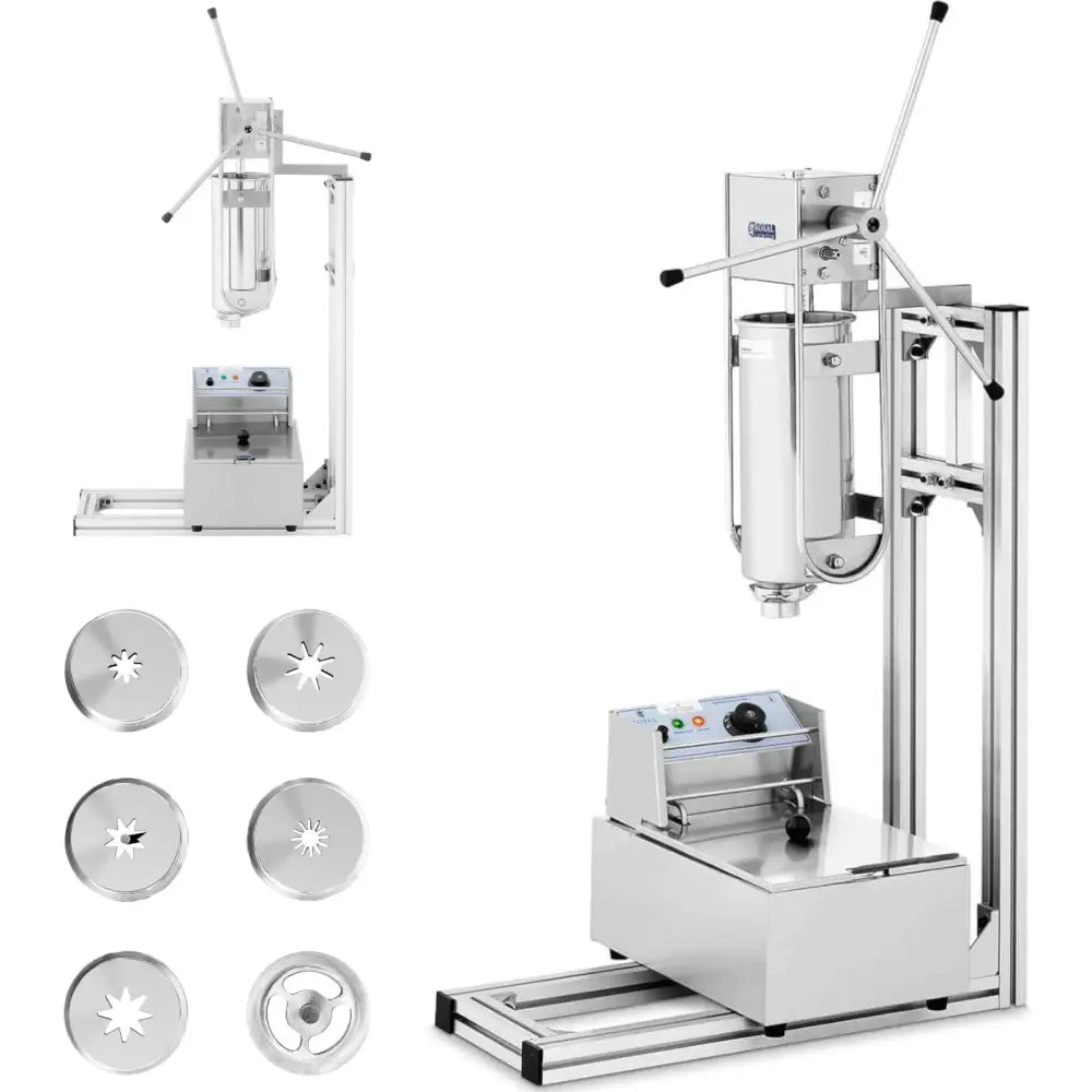 Maskin for dosering og steking av churros, sett fra siden med håndtak og utskiftbare metallskiver.