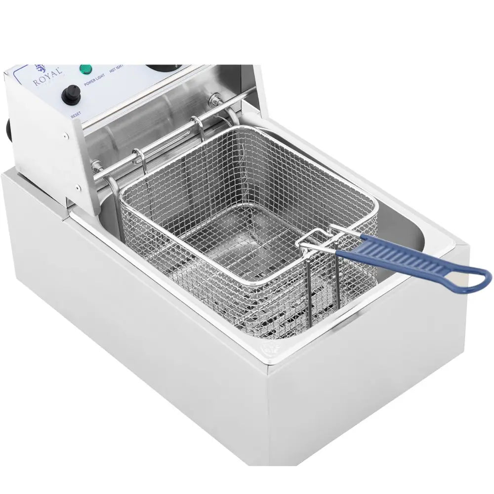 Maskin for dosering og steking av churros, toppvisning med metallkurv og blått håndtak, kontrollpanel bak.