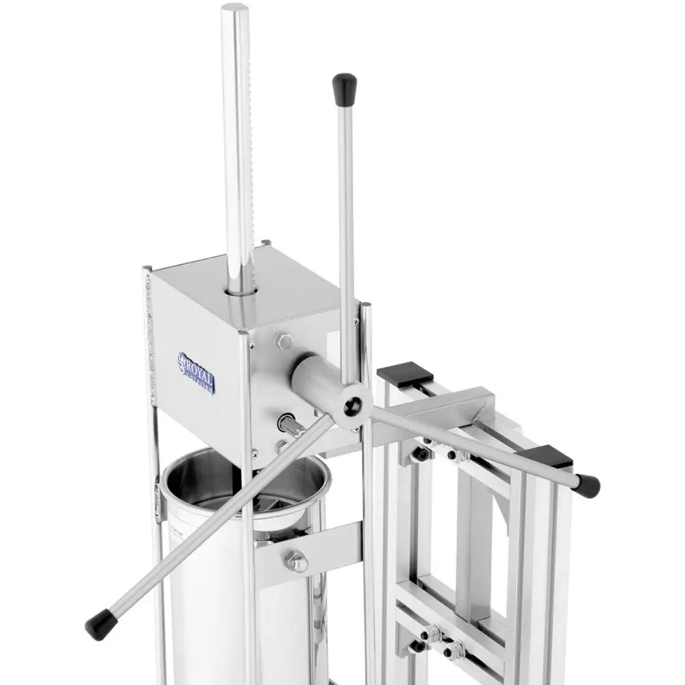 Maskin for dosering og steking av churros, skrå overflatevisning med sylinder, håndtak og spaker i rustfritt stål.