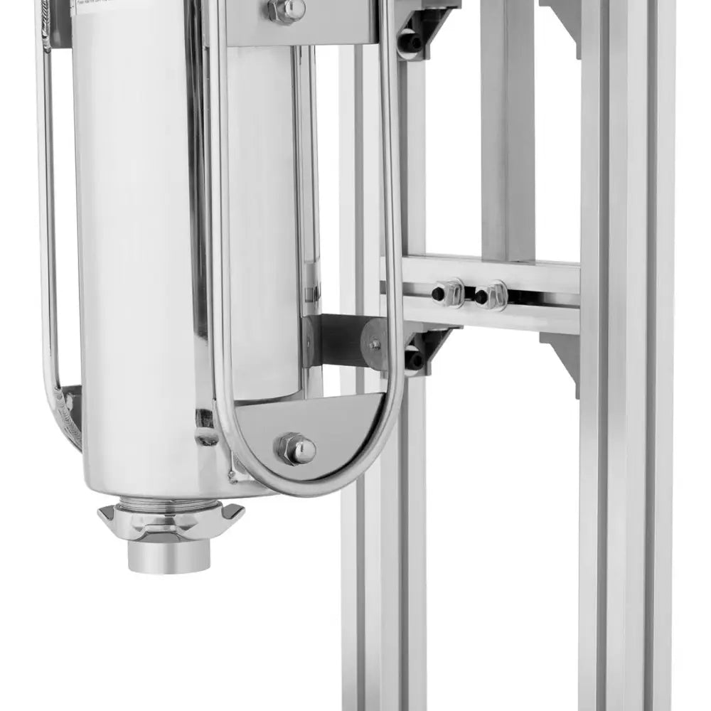 Maskin for dosering og steking av churros, nærbilde av sylinder og festebraketter i rustfritt stål.