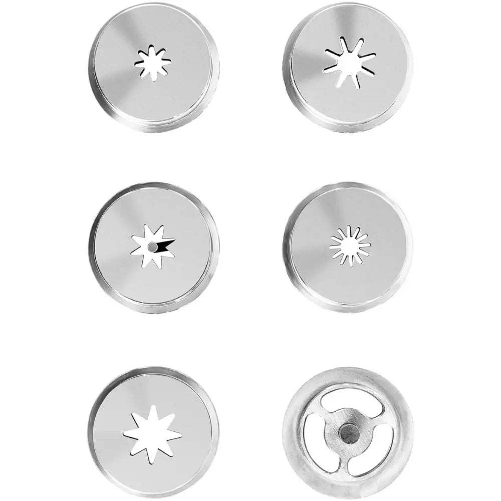 Seks metallskiver til churrosmaskin, sett ovenfra, med ulike stjerneformede hull og én med tre åpninger.