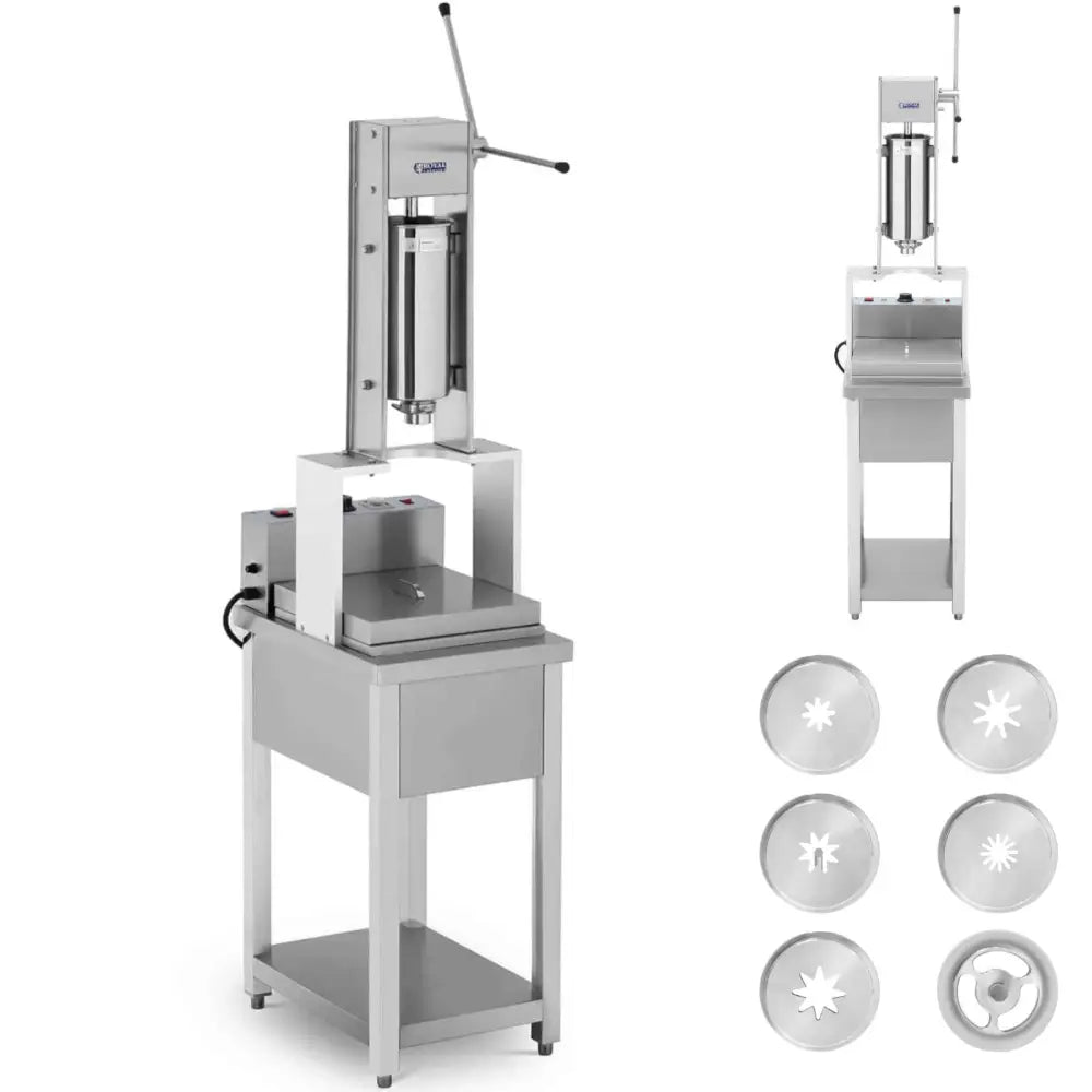 Maskinutstyr for churros, skrå frontvisning med seks ulike metallskiver og manuelt håndtak.