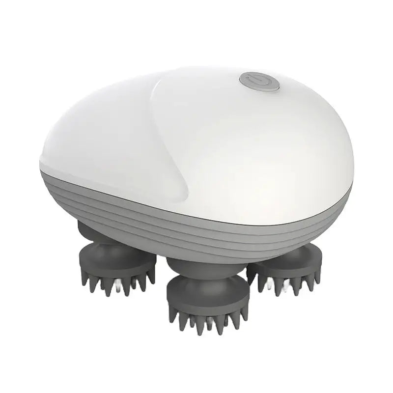 Massasjeapparat Mediatech, skrå sidevisning med fire roterende hoder og fremhevet av/på-knapp på toppen.