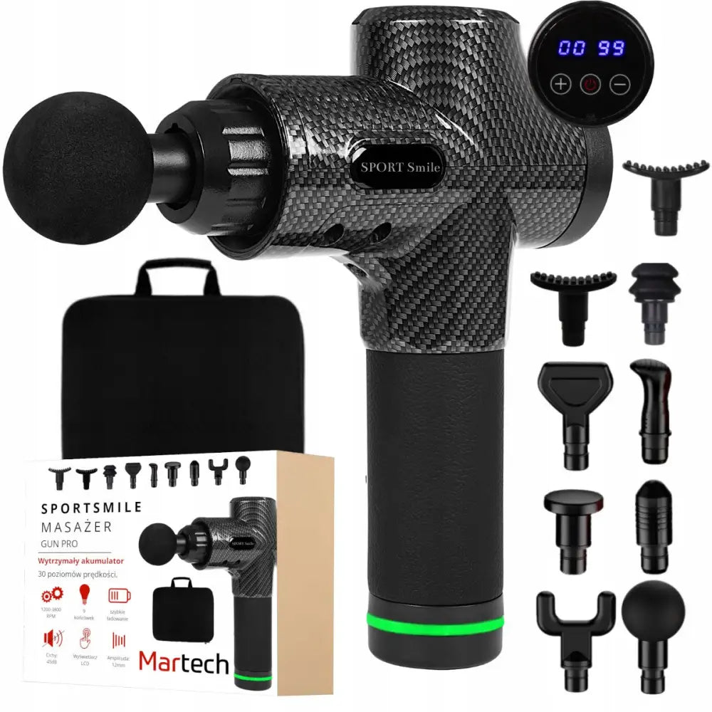 Massasjepistol med karbonfiber-design, digitalt display, utskiftbare hoder, bæreveske og original eske.