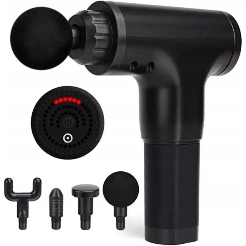 Massasjepistol med fem utskiftbare hoder og LED-display, komplett tilbehør vist mot hvit bakgrunn.