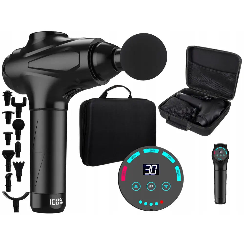 Massasjepistol i matt svart plast, sidevisning med seks massasjehoder, digitalt display og oppbevaringsetui.