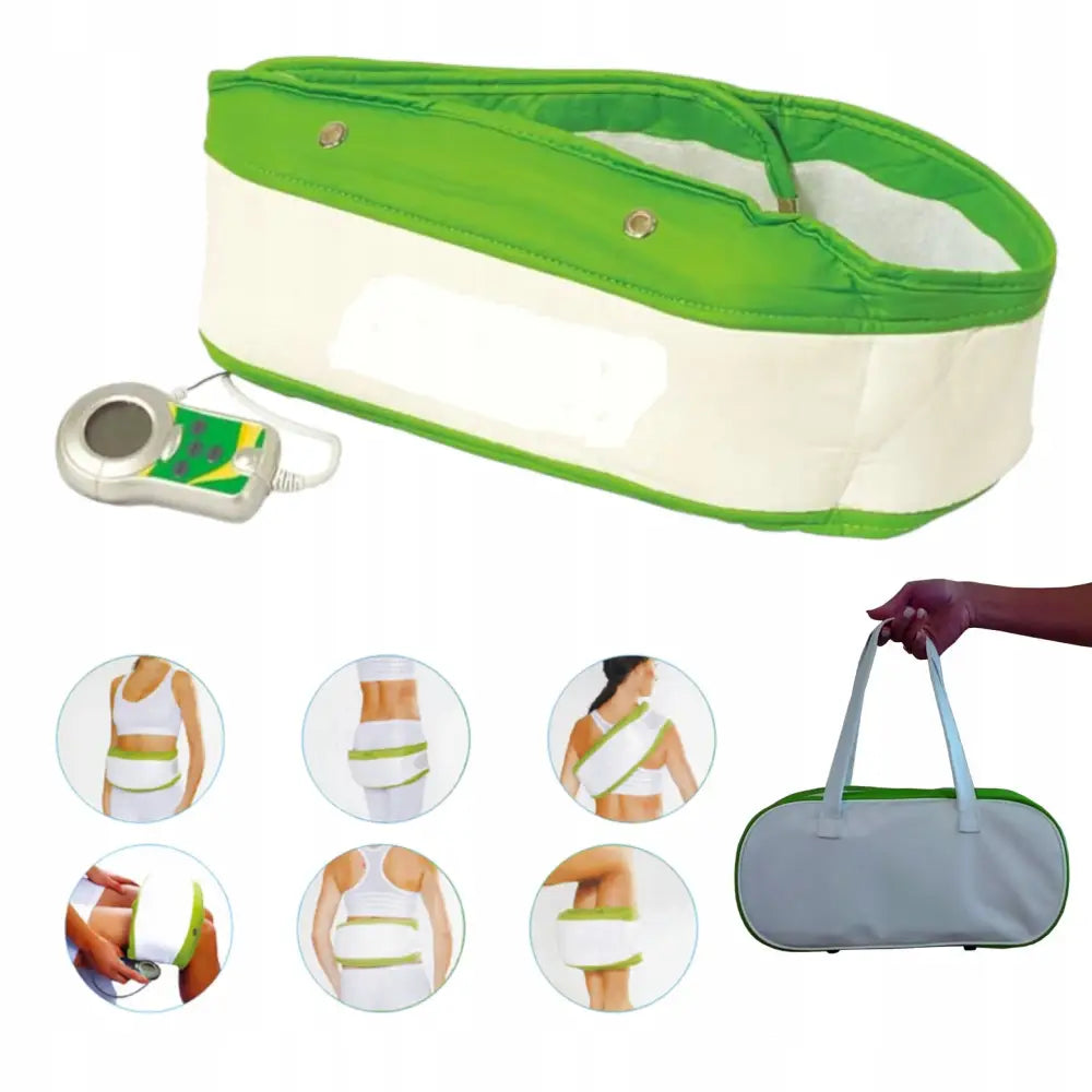 Massasjeapparat belte med varme, hvit og grønn modell i bruk på mage og rygg, fjernkontroll og bæreveske vises.