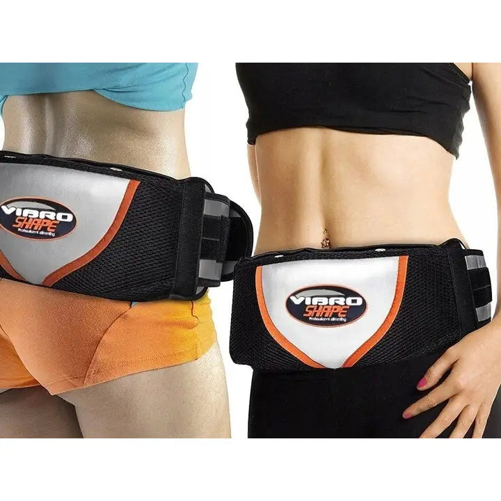Masserende Vibro Shape-belte med varme, bæres av to personer, synlig front og side, sorte og oransje detaljer.