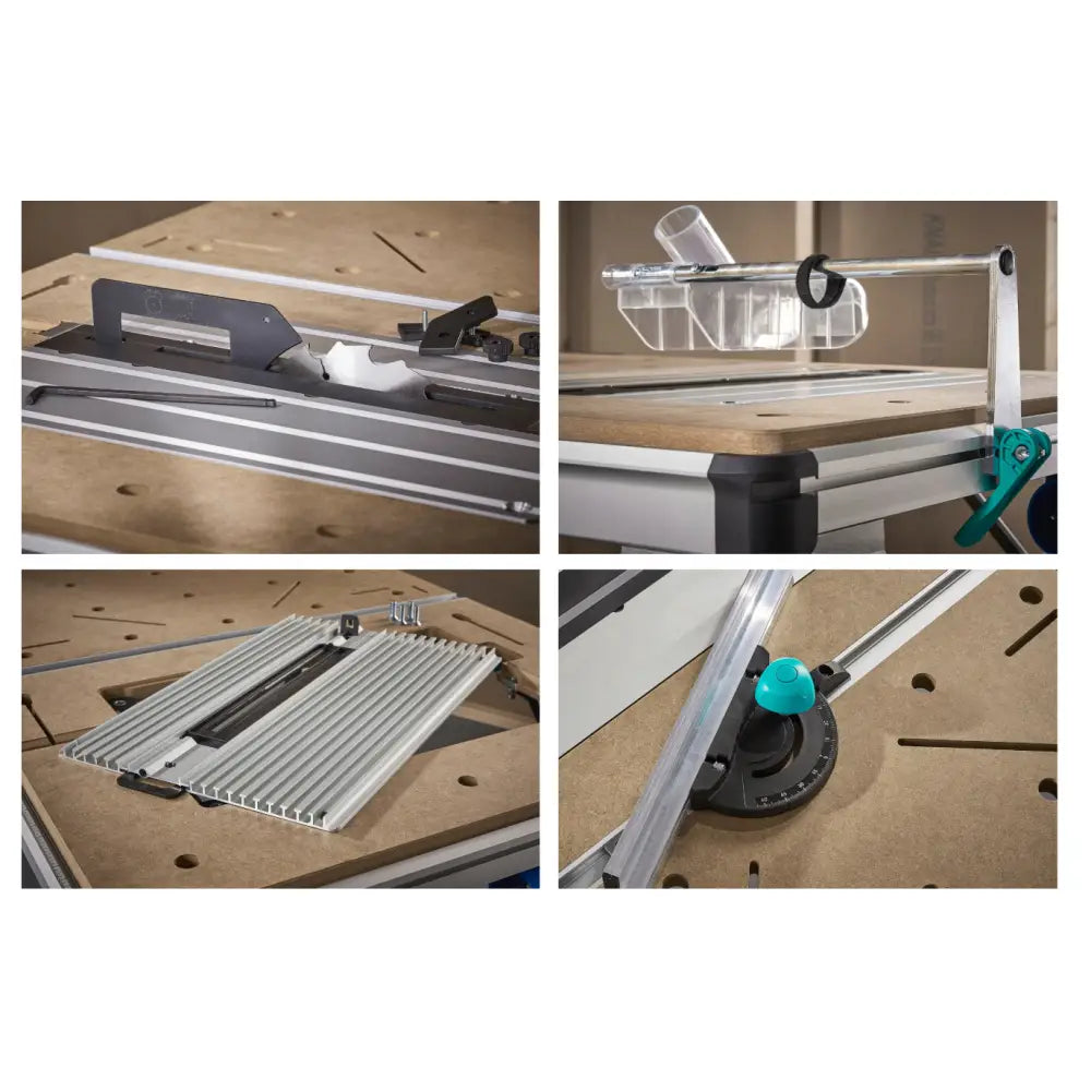 Master Cut 2600 Pro arbeidsbord, nærbilder av målestang, gjæringsanlegg og støvbeskyttelse med turkise detaljer.