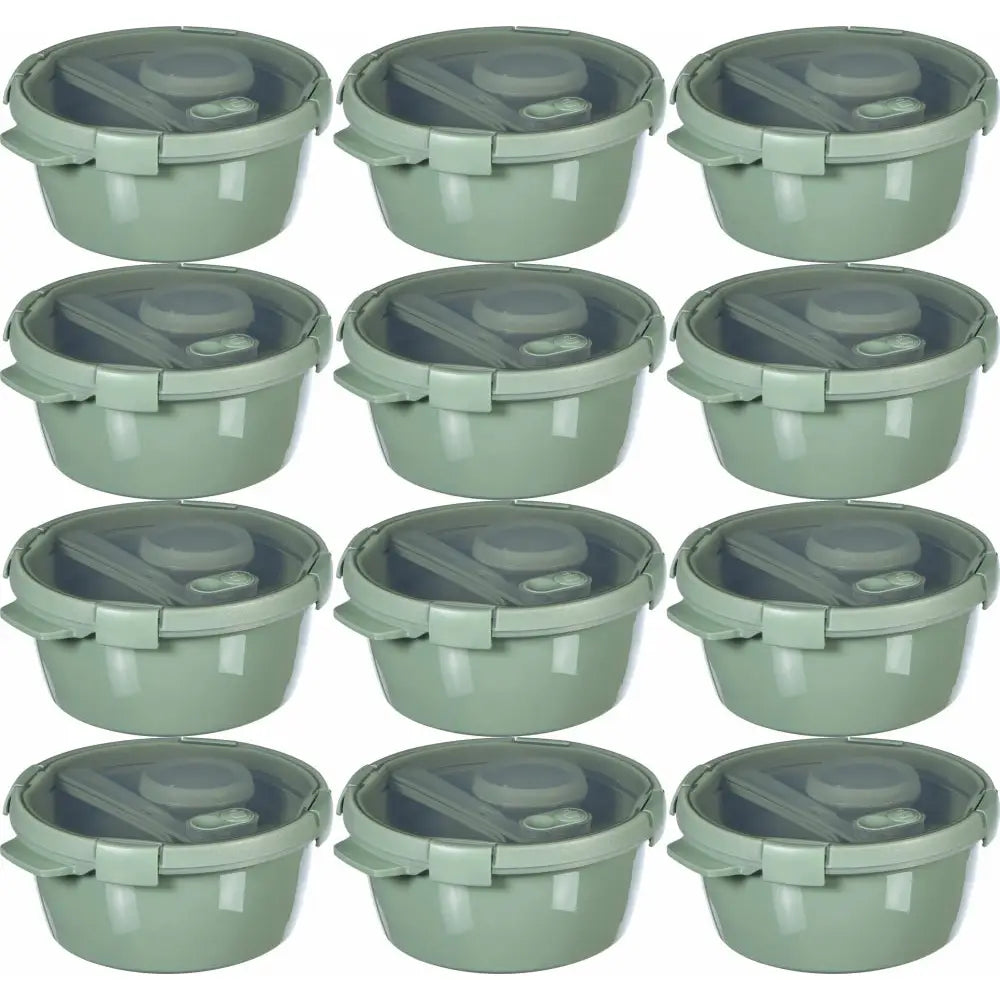 Matboks beholder 1,6L, tolv grønne bokser med grått lokk, ventil og låsemekanismer, sett forfra og ovenfra.