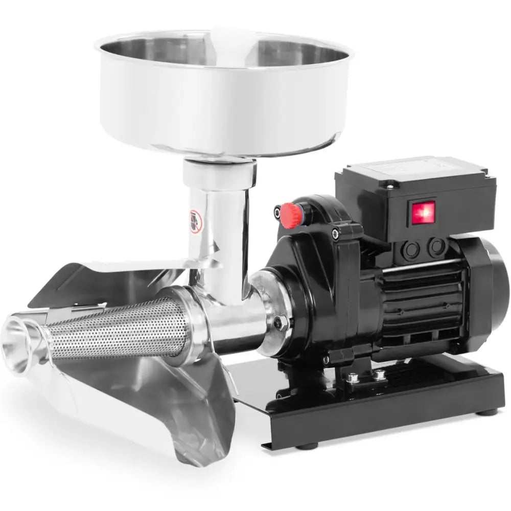 Matetomatkvern for frukt og grønnsaker, sidevisning med stor trakt, perforert tut og tydelige knapper.