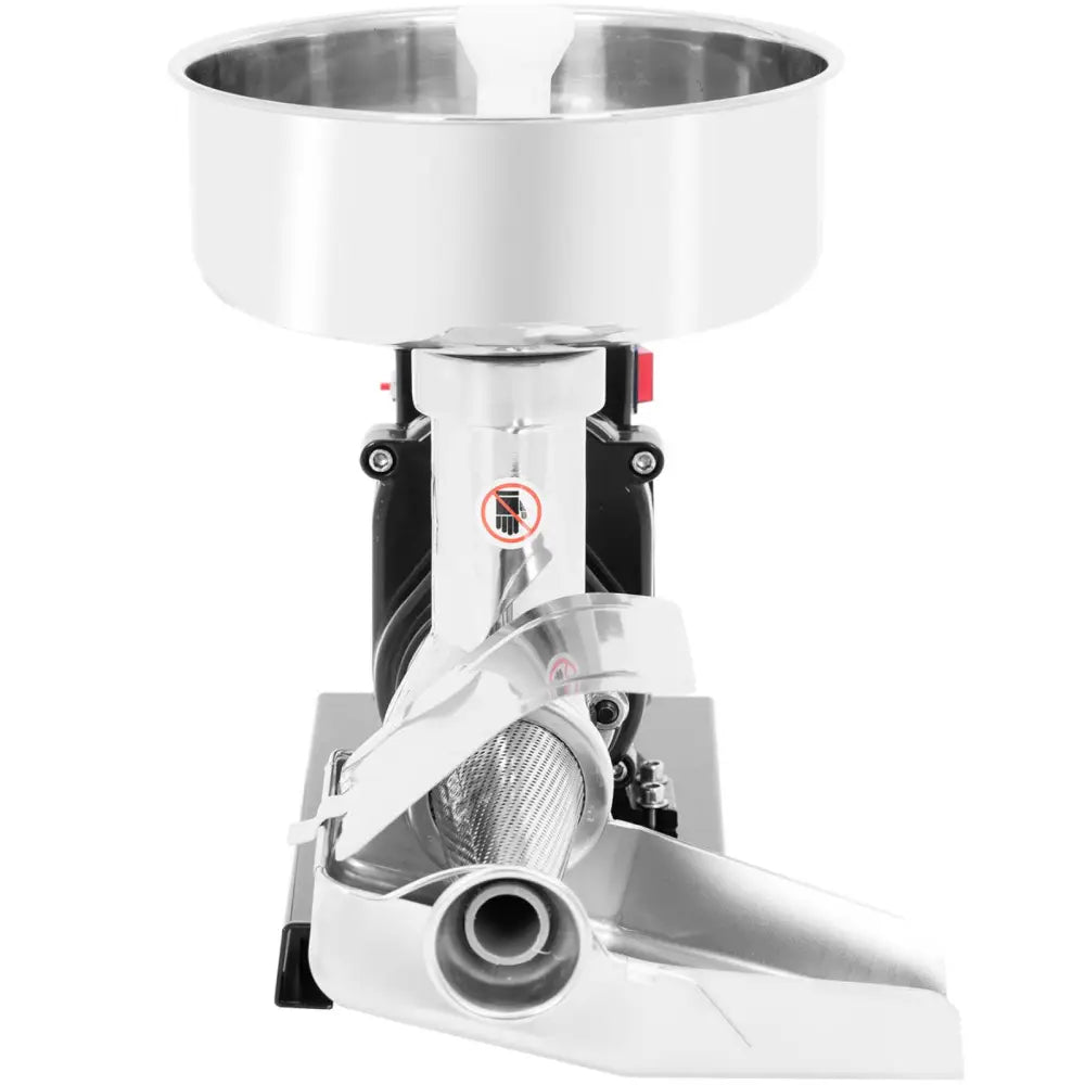 Matetomatkvern i rustfritt stål, frontbilde med stor toppbolle og sikkerhetsmerke synlig på maskinens front.