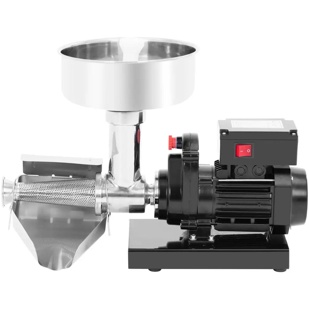 Matetomatkvern for frukt og grønnsaker, sideprofil med synlig sil, metalltrakt og rødt bryterpanel.