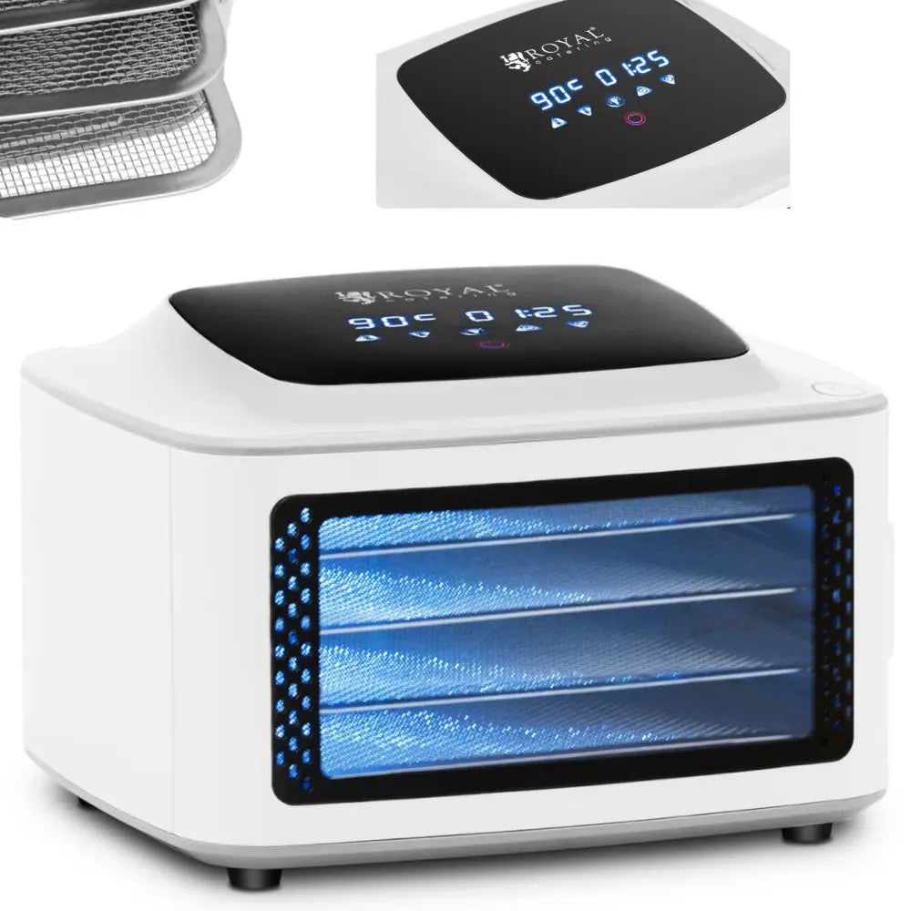 Matlufttørker med fire metallbrett, frontvindu med blått lys og digitalt display sett fra skrå vinkel.