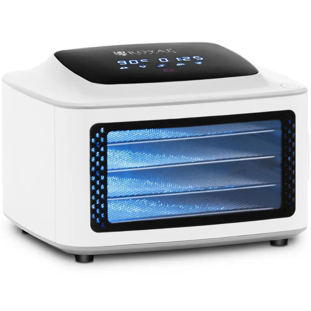 Matlufttørker med hvitt kabinett og sort topp, digitalt blått display og flere hyller synlige gjennom fronten.