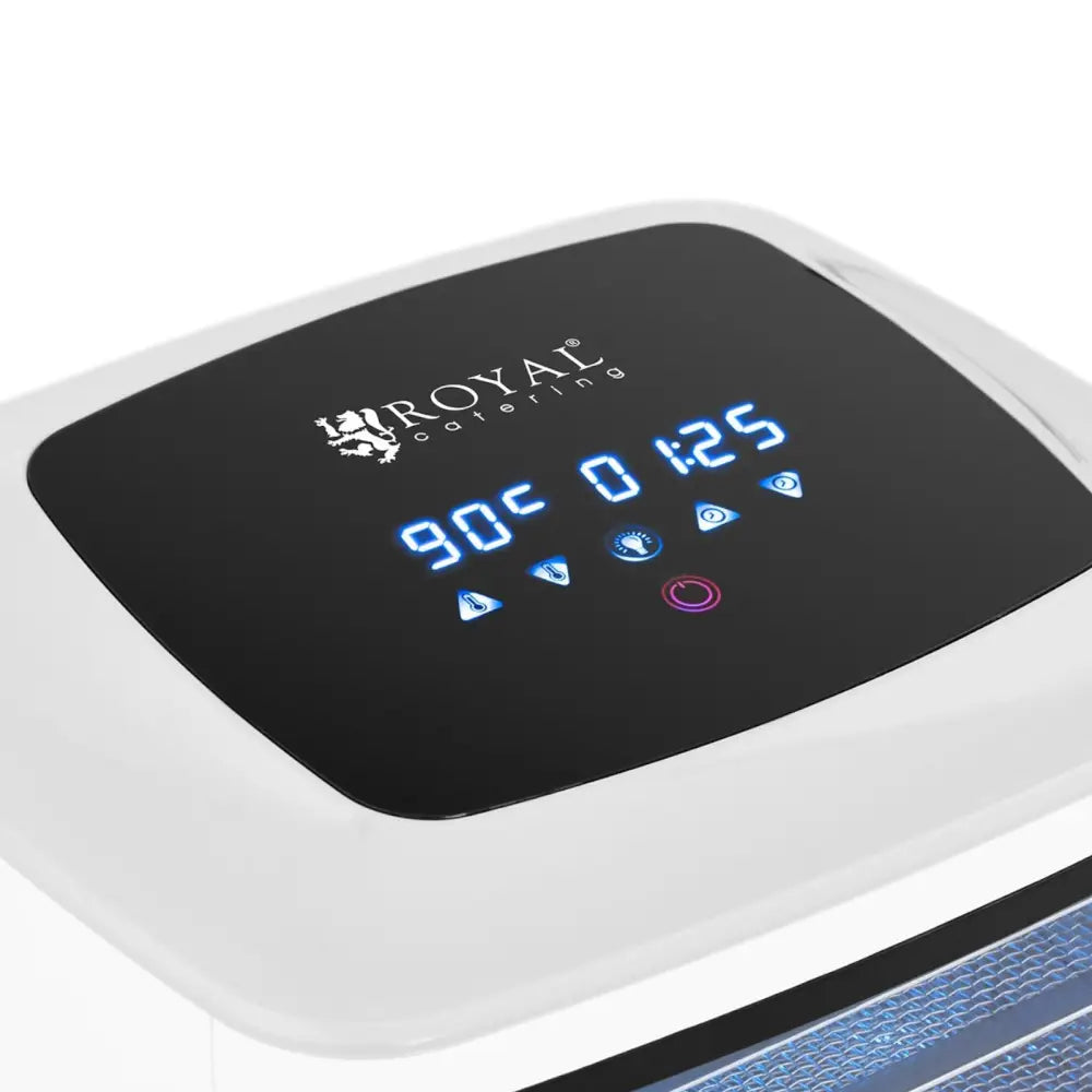 Matlufttørker, skrått ovenfra med digitalt display som viser temperatur, tid og funksjonssymboler i blått.