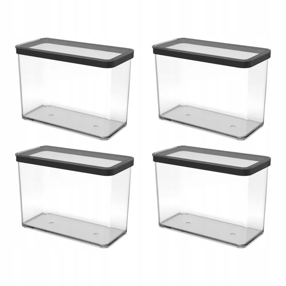 Matoppbevaringsbokser Rotho Loft, fire gjennomsiktige bokser med sorte lokk stablet på hvit bakgrunn.