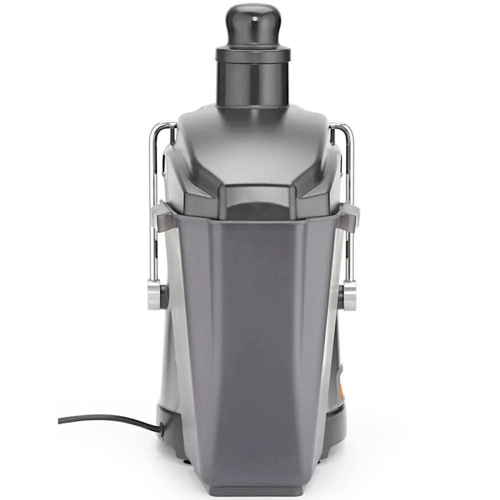 Matprosessor og juicepress, frontvisning med metalliske detaljer og synlig strømledning til venstre.