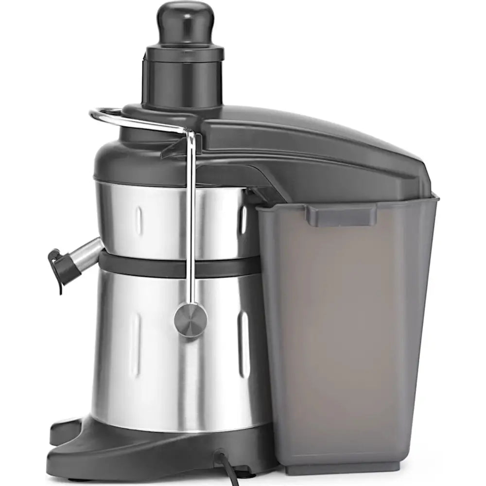 Matprosessor og juicepress, sidevisning med stor avfallsbeholder og tydelig juicetut i børstet stål og plast.