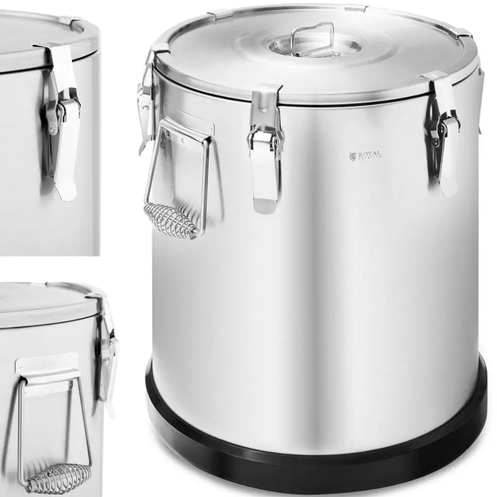 Matte Glans rustfritt stål mat transport termos 36L, sett skrått ovenfra med lokk, klemmer og bærehåndtak.