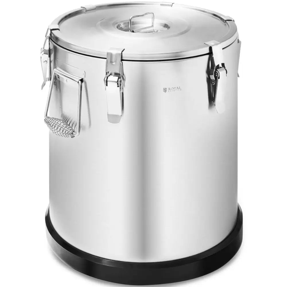 Matte glans rustfritt stål termos 36L, skrå forfra med låseklips, bærehåndtak og solide sidehåndtak.