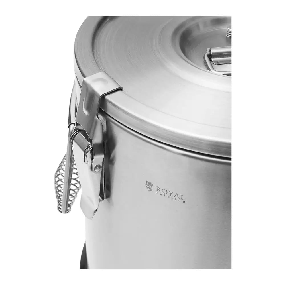 Matte glans rustfritt stål mattransport termos 36L, spiralhåndtak og logo sett fra skrå vinkel.