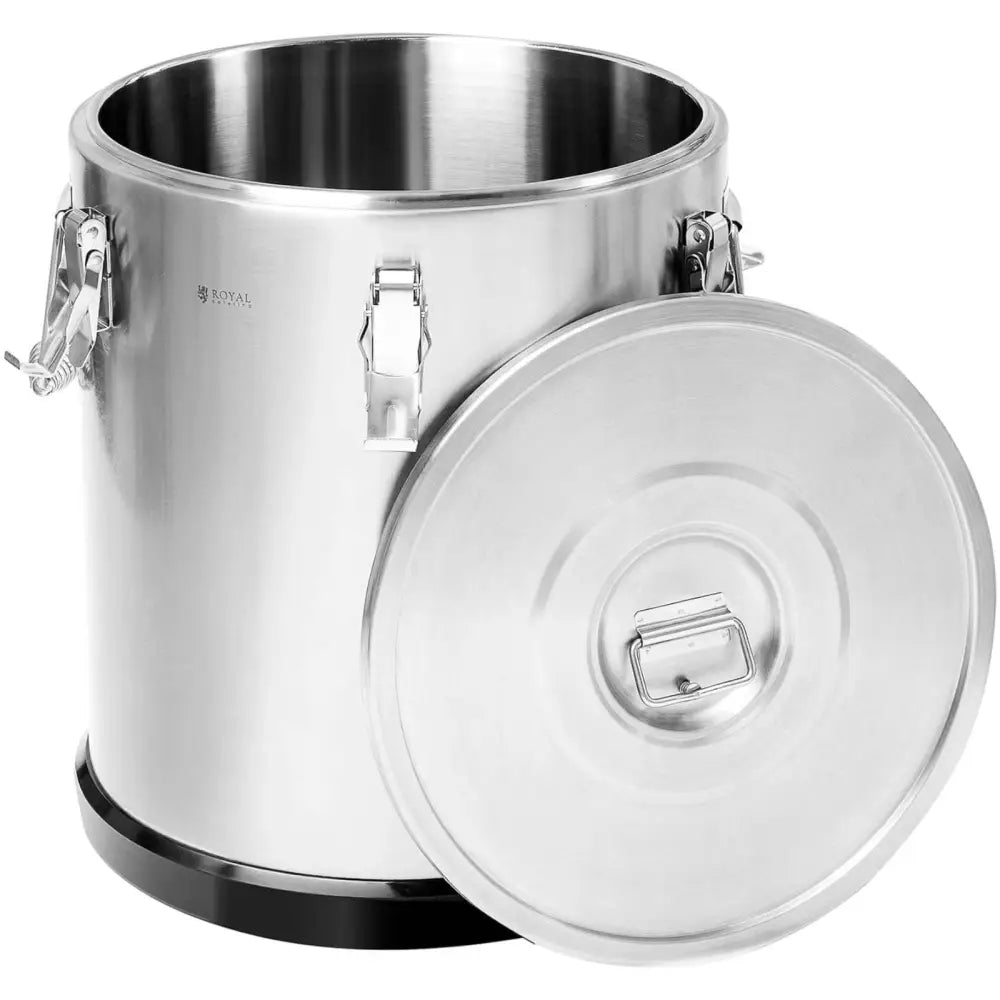 Matte Glans rustfritt stål mattransport-termos 36L med åpent lokk, synlige metallspenner og bærehåndtak.