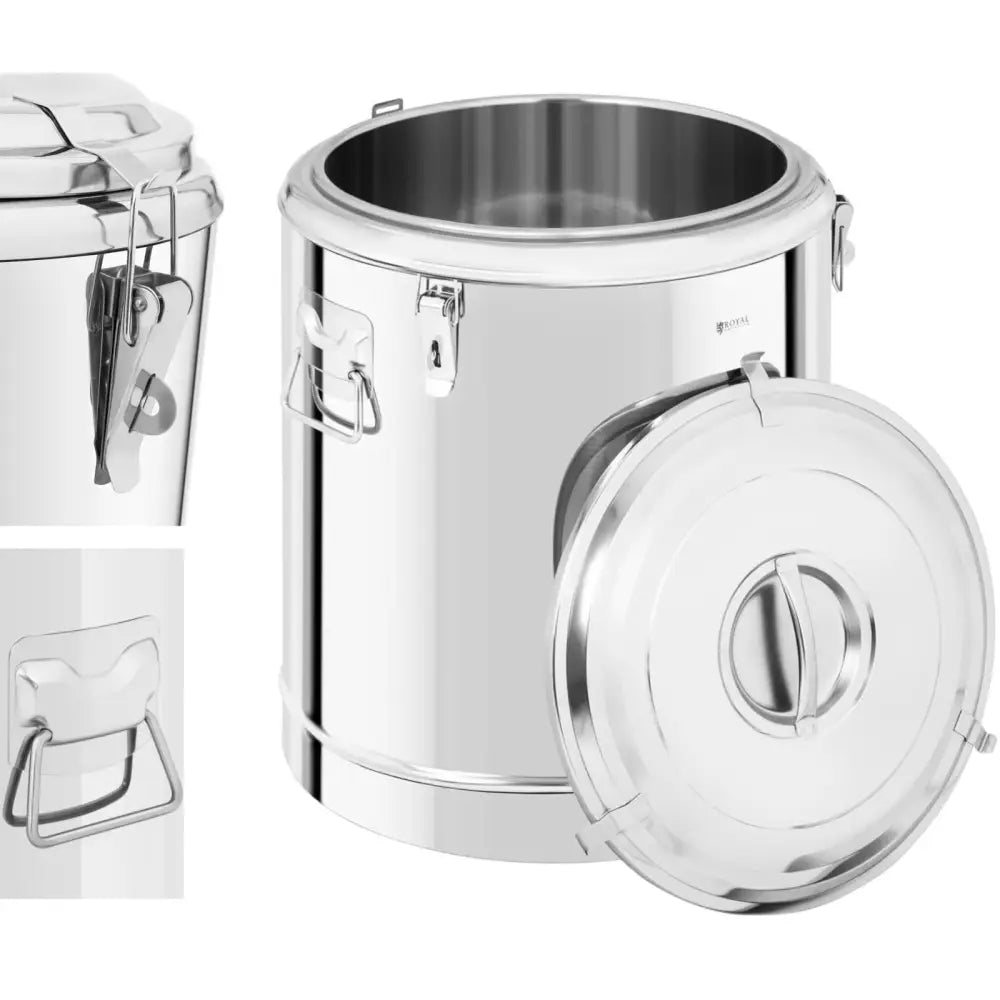 Mattransport ståltermos 60L, frontskrå visning med løst lokk, fokus på hank og lukkemekanisme.