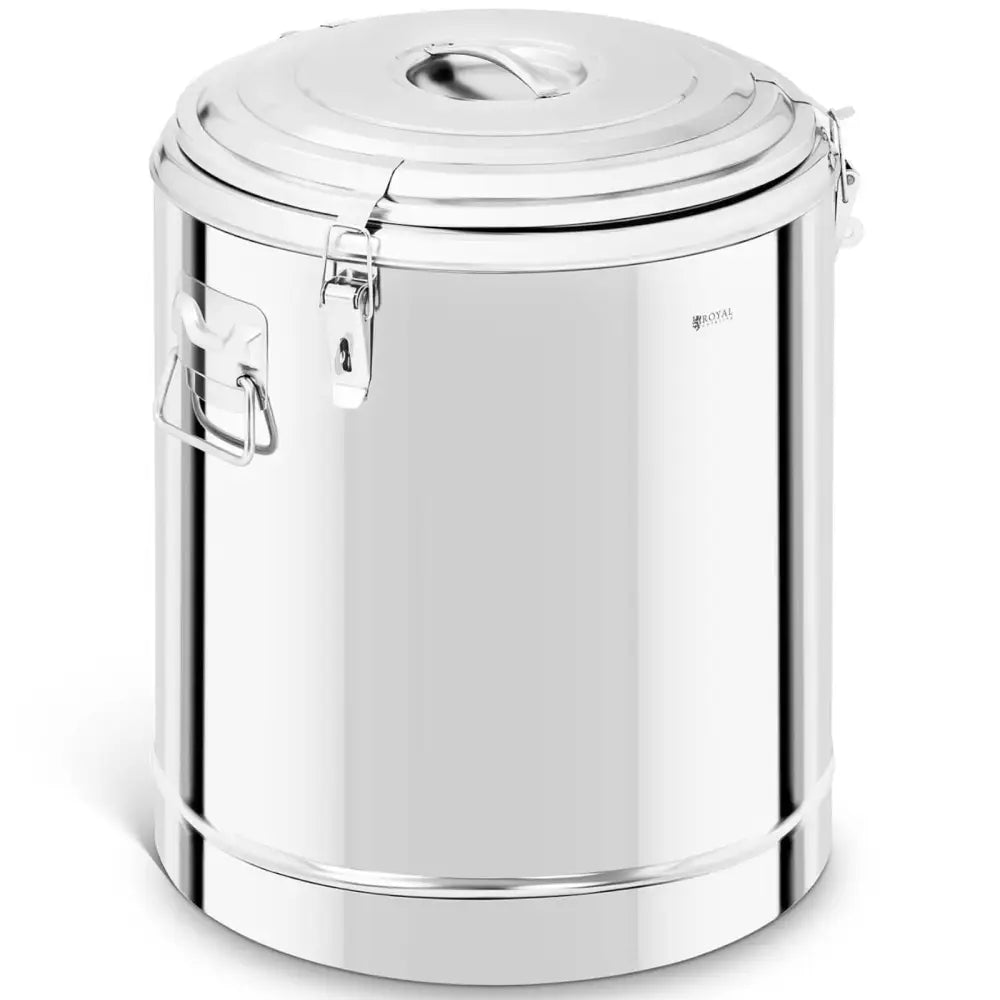 Mattransport ståltermos 60L, sidevisning som fremhever lokk, bærehåndtak og solide låsemekanismer.