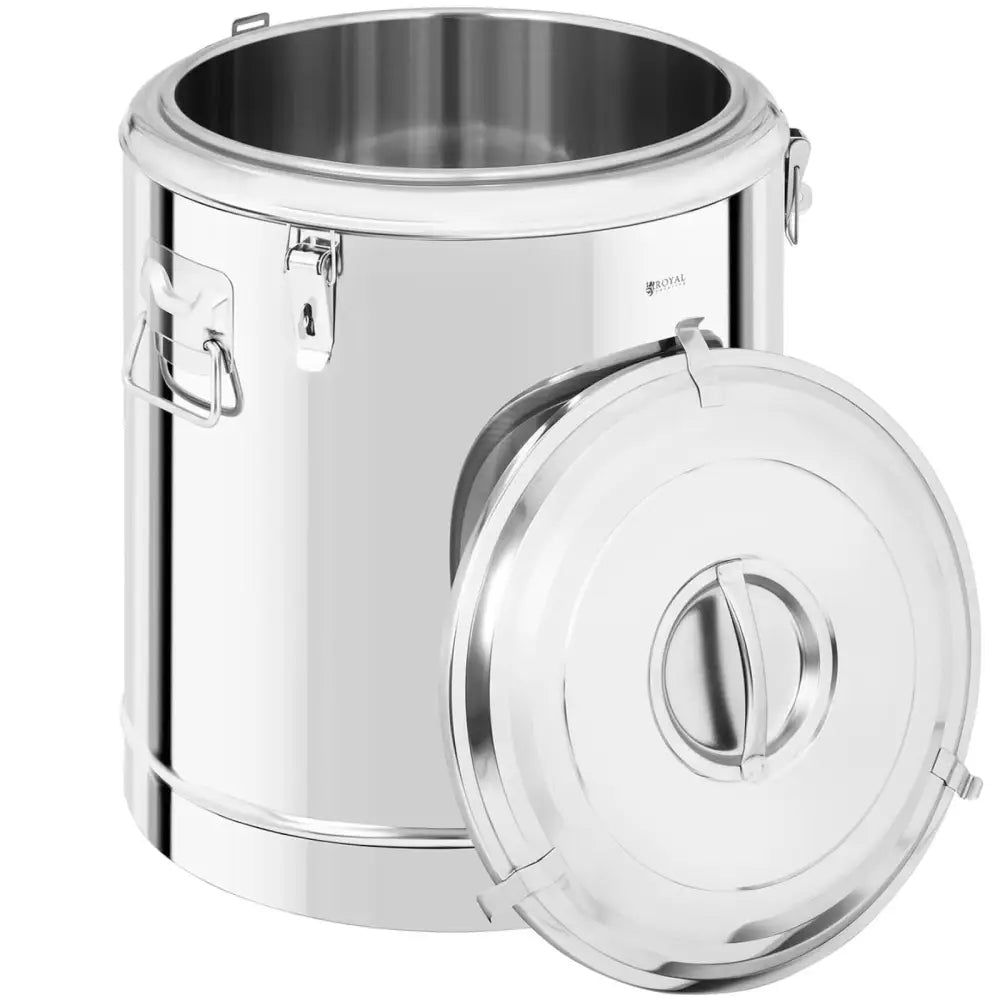 Mattransport ståltermos 60L, åpent lokk avslører innvendig volum og solide håndtak i rustfritt stål.