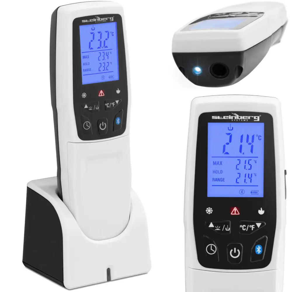 Matvaretermometer med digital skjerm, plassert i ladestasjon, nærbilde av knapper og sensor med LED-lys.