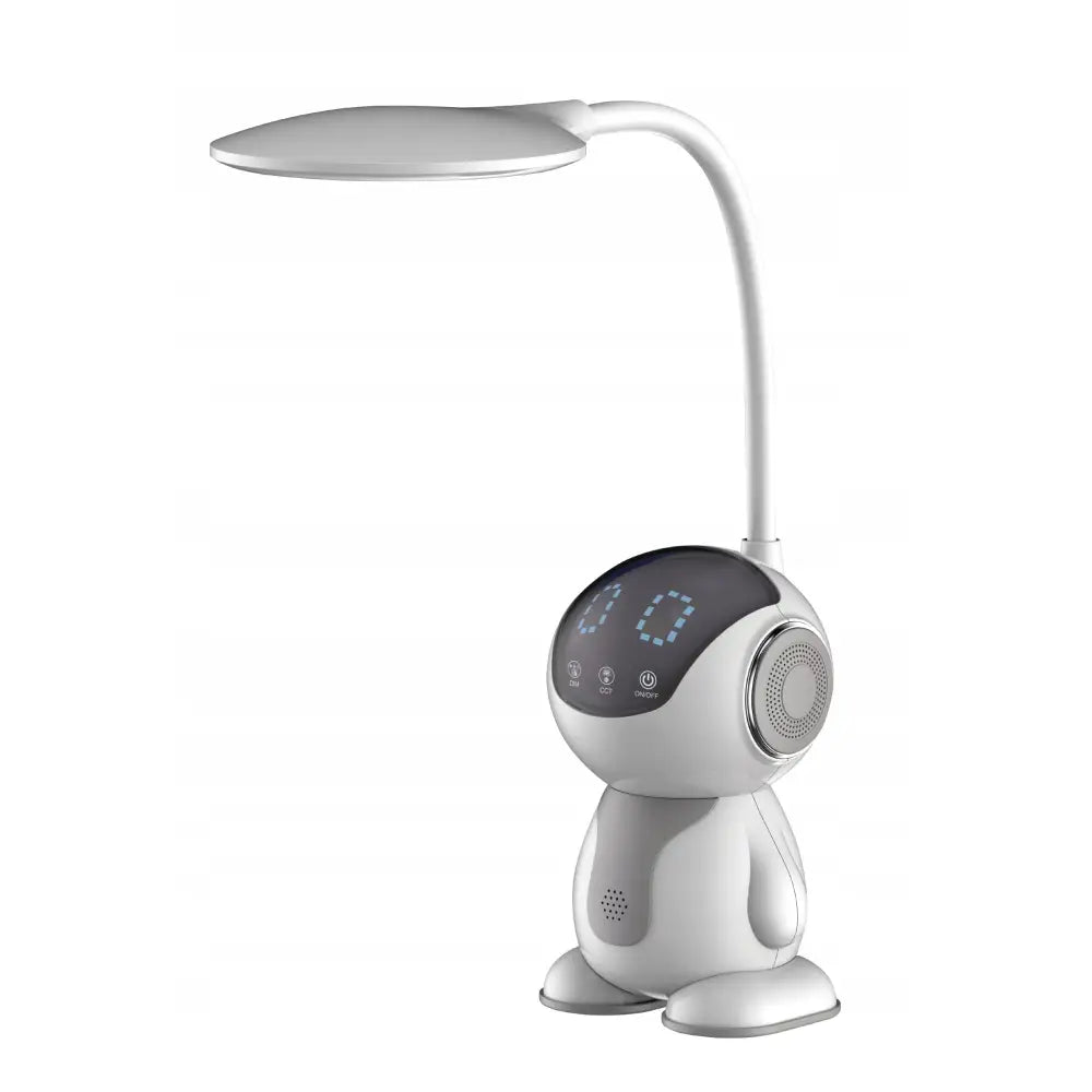 LED-skrivebordslampe med fleksibel arm, digitalt display og innebygd høyttaler i robotinspirert design.