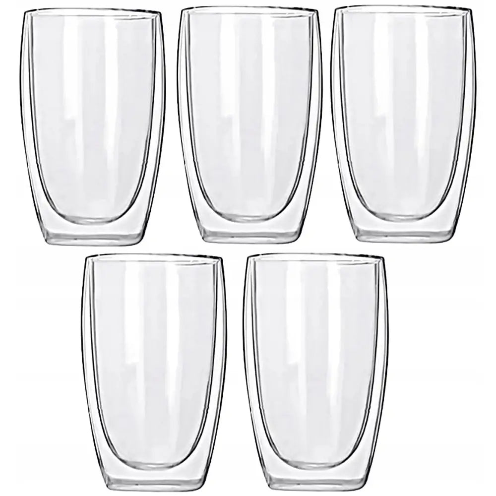 Sett med fem dobbeltveggede drikkeglass, 450 ml, fremstilt i klart glass med isolerende effekt, vist forfra.