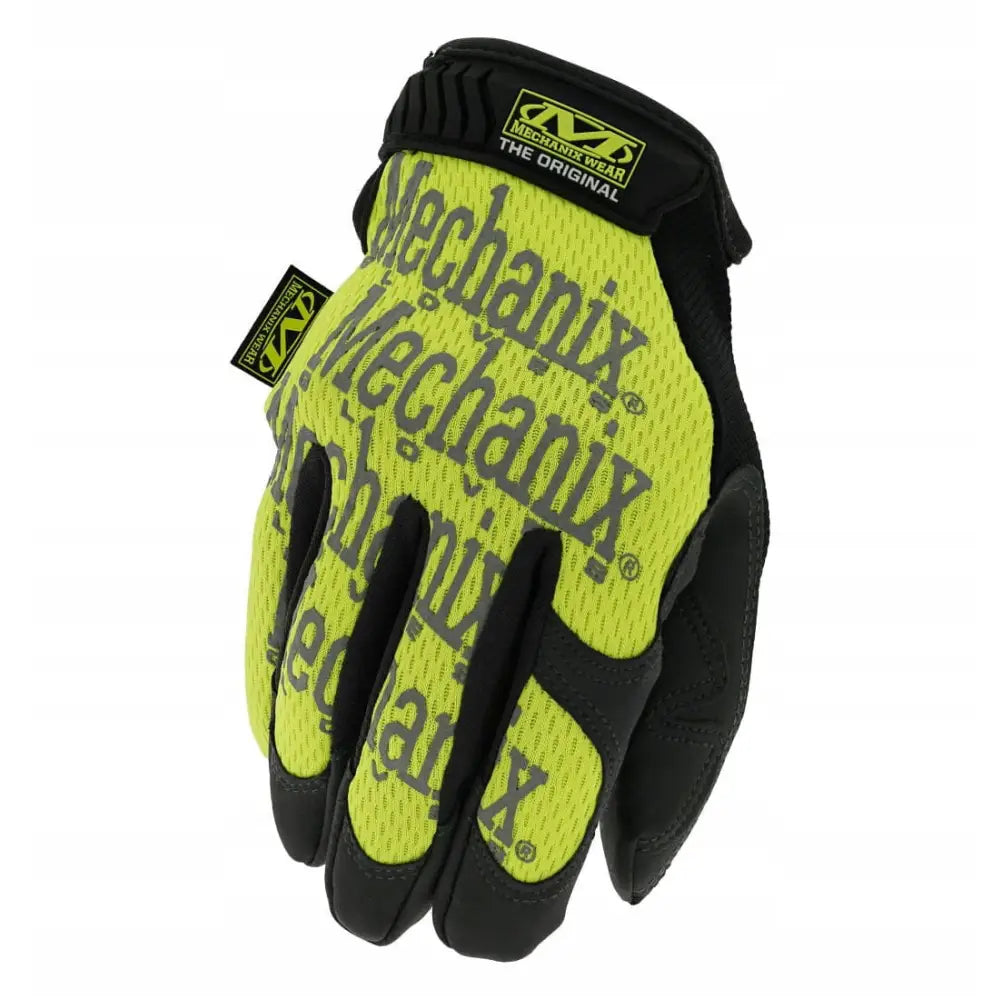 Mechanix Hi-Viz Original arbeidshanske i sort og gulgrønn, sett ovenfra med synlig logo og borrelåslukking.