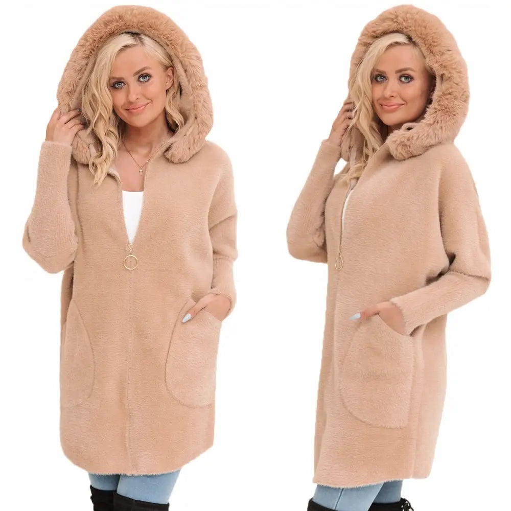 Med Fuskepels Alpakkafrakk Glidelås Ull Varm - Brun v