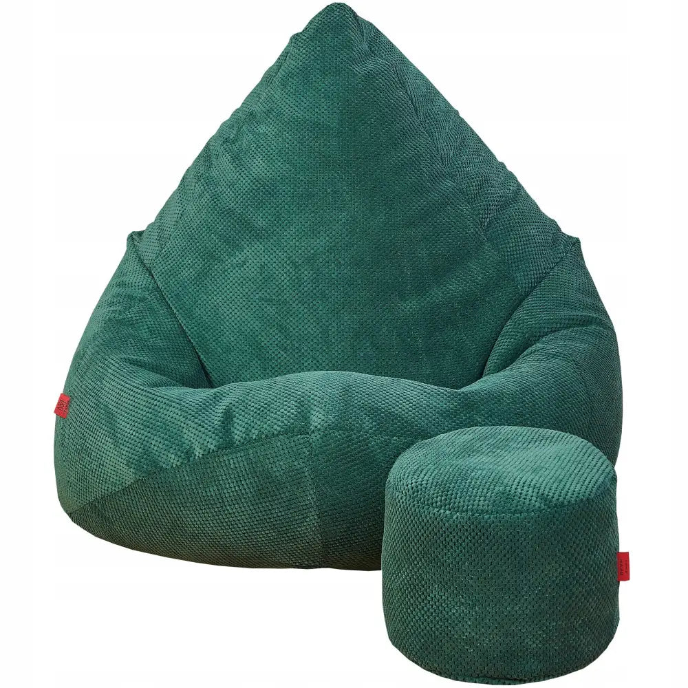 Mega Saccosekk i mørkegrønn plysj, frontvisning med matchende puff og tydelig tekstur mot hvit bakgrunn.