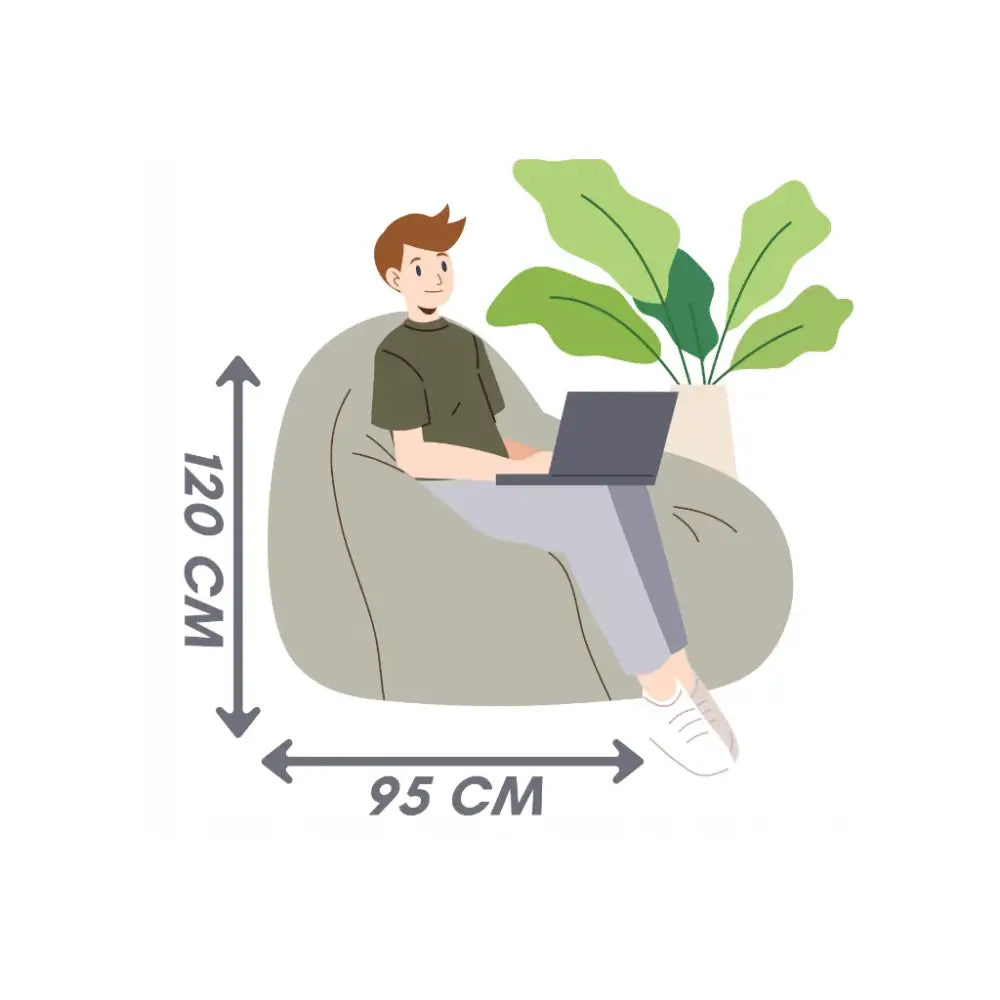 Mega Sakkosekk Dot XXXXL, person sitter med laptop på lysegrå sekkestol, mål og grønn plante synlig.