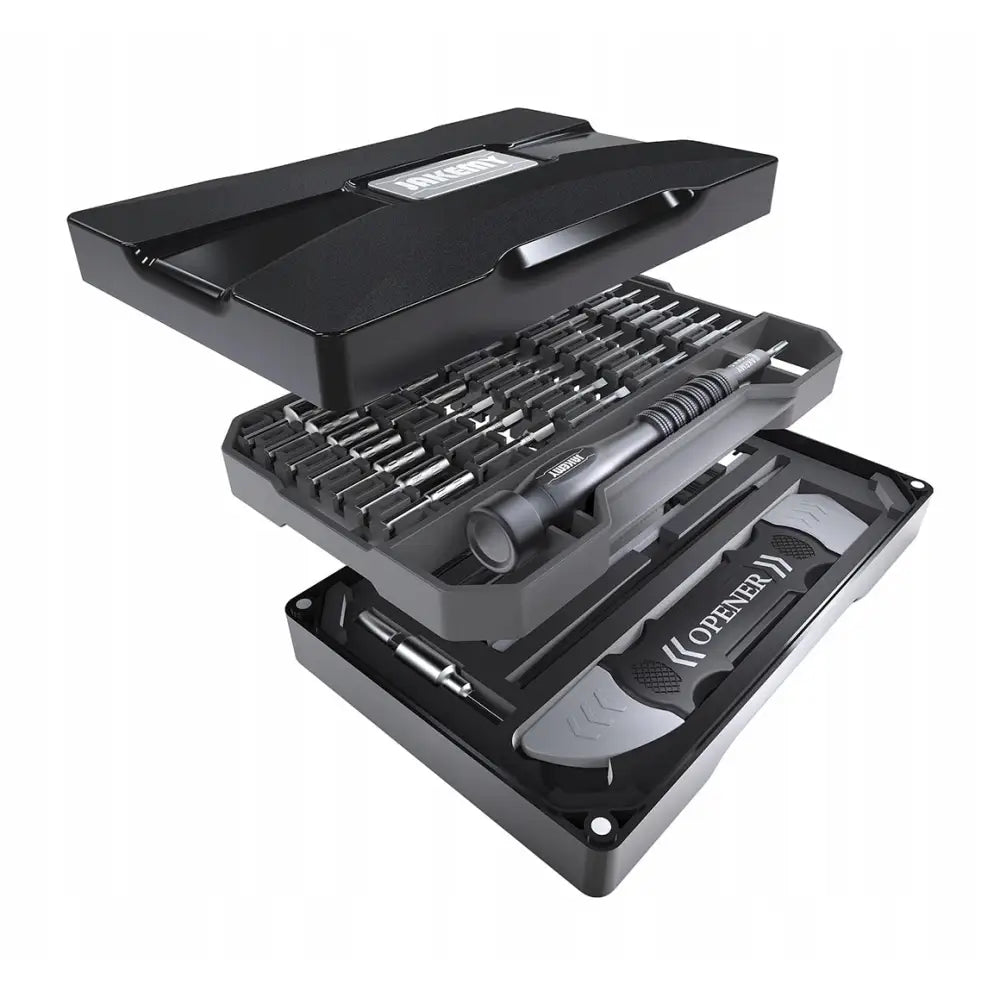 Mega Skrutrekkersett Biter, åpent sort etui med presisjonsbits, skrutrekker og spesialverktøy fra skrå vinkel.