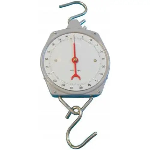 Mekanisk bagasjevekt fra Berger & Schröter, frontbilde med tydelig hvit urskive og røde visere.