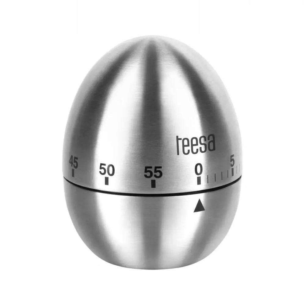 Mekanisk kjøkkentimer i børstet metall, eggformet design med sorte tall og markeringer, frontvisning.