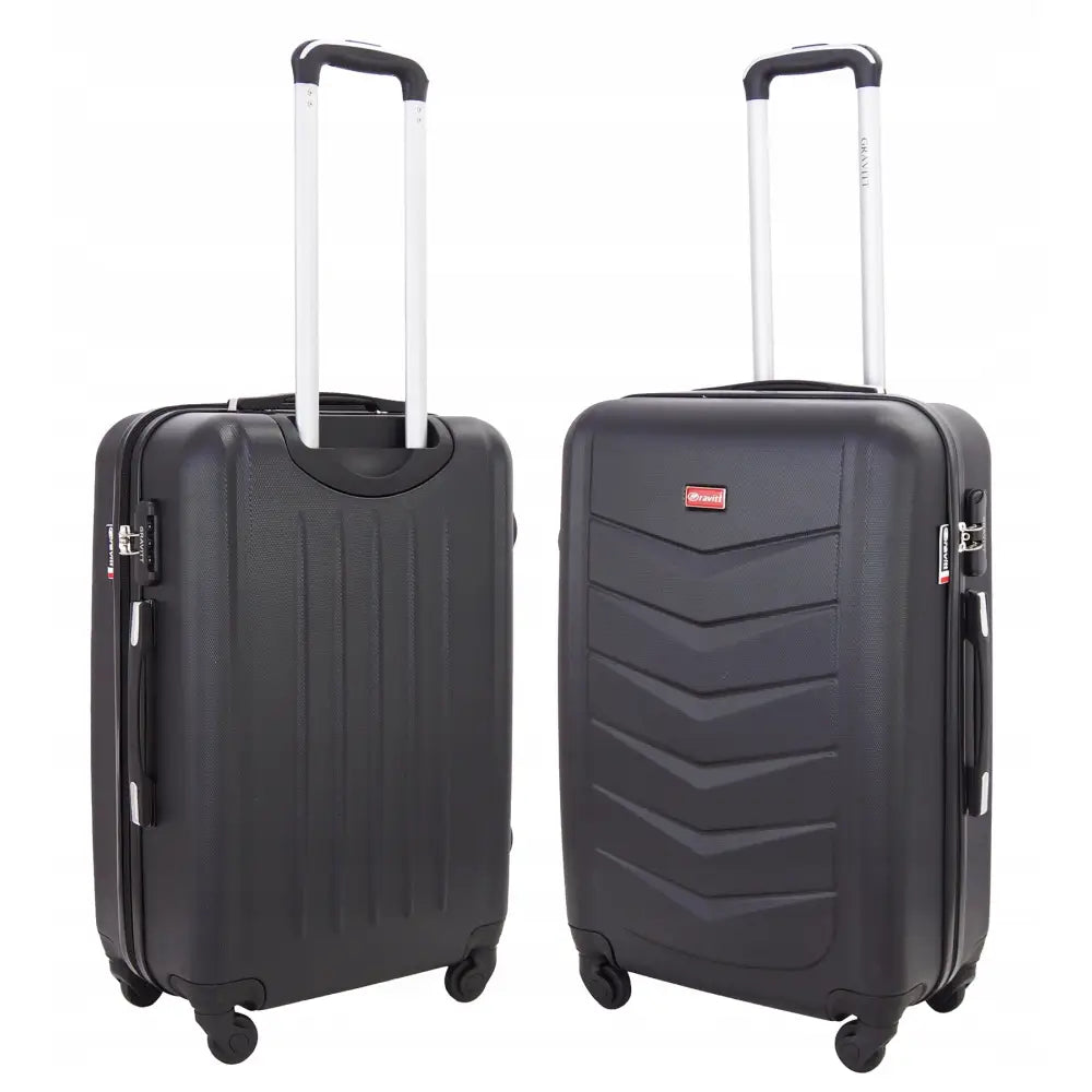 Mellomstor XL koffert i svart hardplast, front- og baksidevisning med teleskophåndtak og fire hjul.