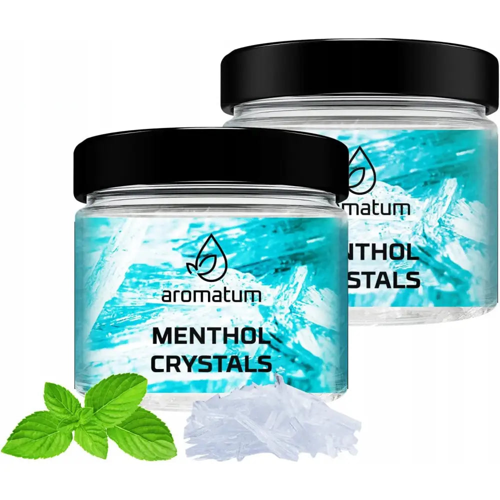 Mentolkrystaller for sauna, 200g glasskrukke med blå etikett, hvite krystaller og friske mynteblader foran.