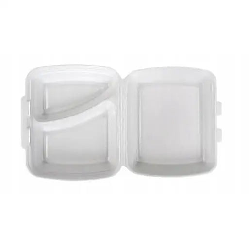 Menuboks i styropor, todelt med tre rom innvendig, avbildet åpen med lokket ved siden av.