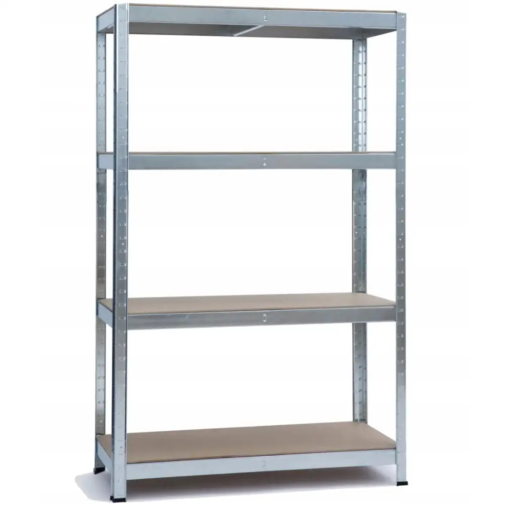 Metal lagerhylle med fire lyse trehyller, åpne sider og justerbare høyder, sett rett forfra.