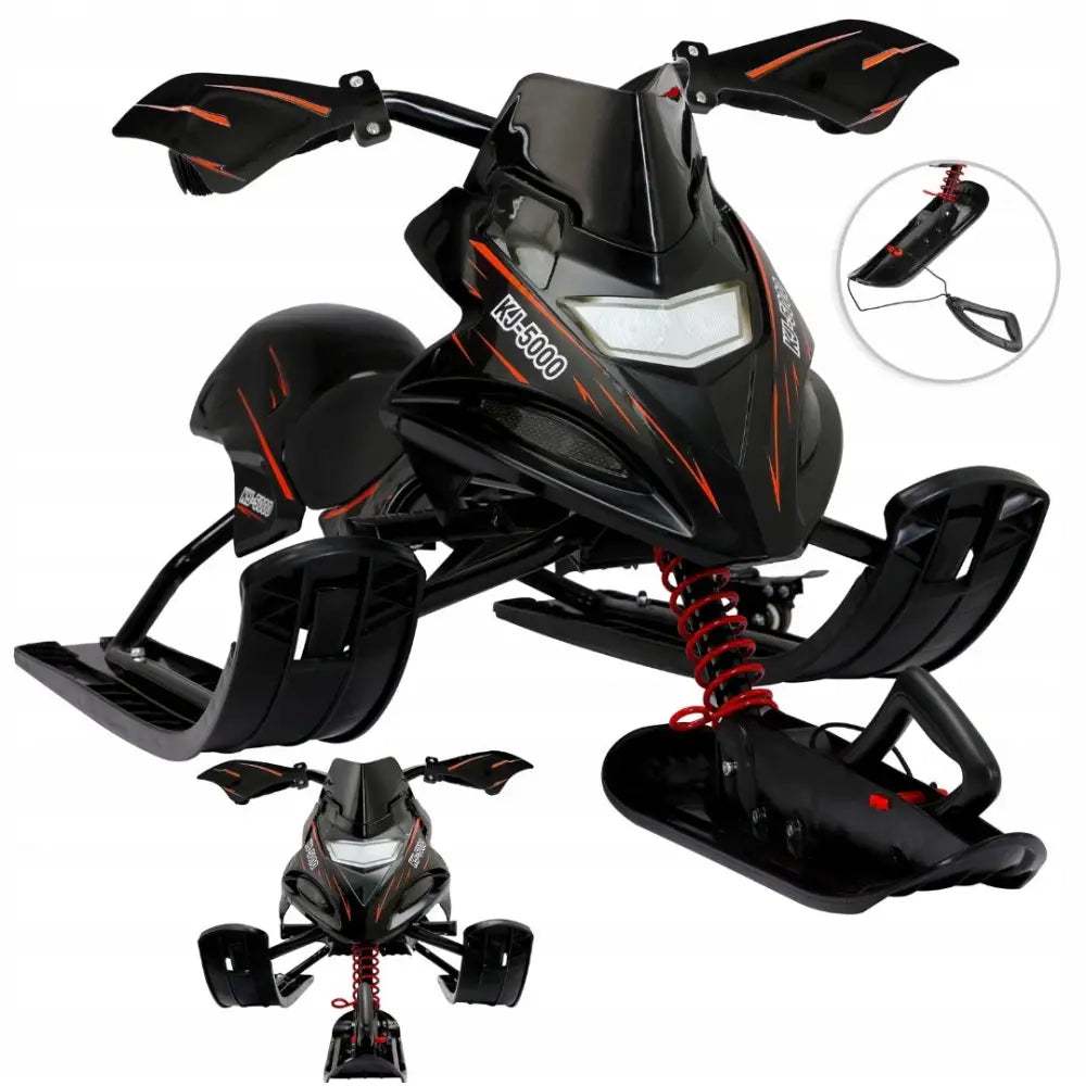 Metall akebrett Skisleder Monzana, nærbilde av håndbrems, røde detaljer og sort ramme sett forfra.