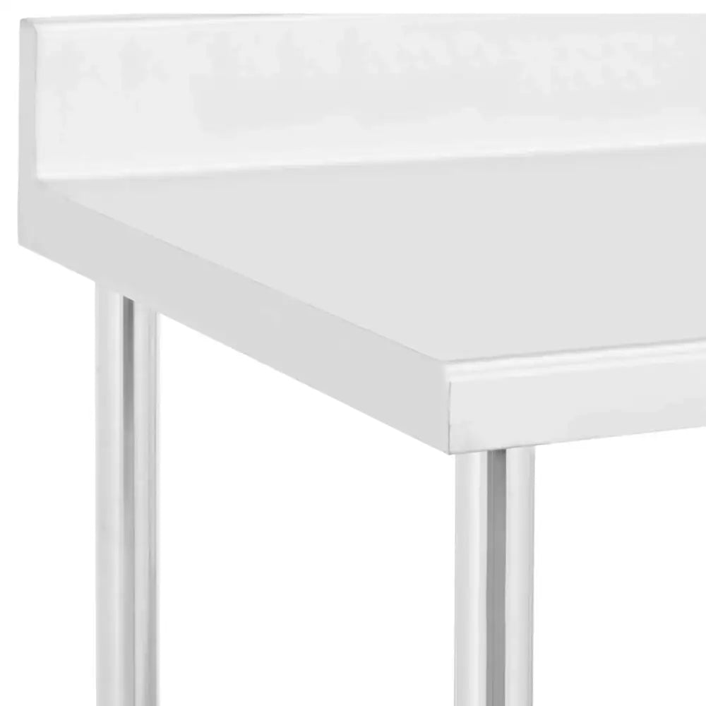 Metall gastronomisk vogn, nærbilde av hvit bordplate og sølvfargede ben med markert hjørnekant.