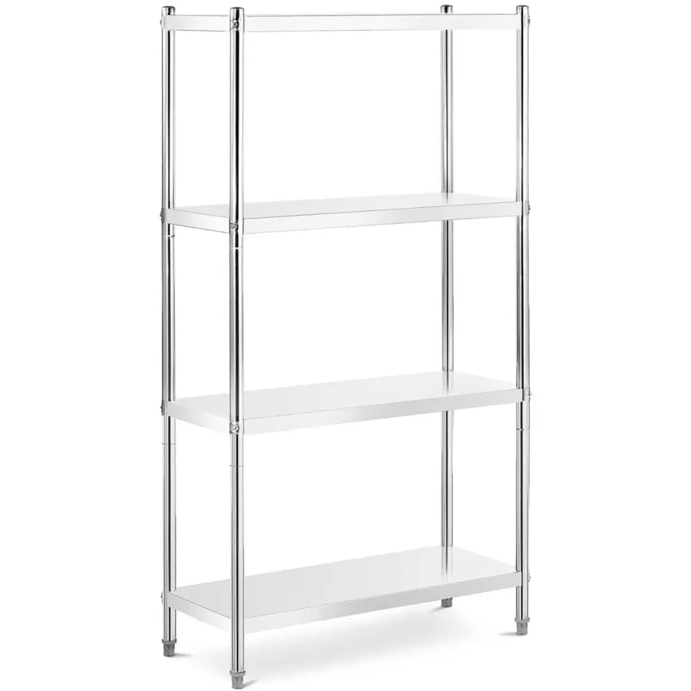 Metall gulvstativ med fire hvite hyller og kromrammer, skråvisning mot venstre, minimalistisk stil.